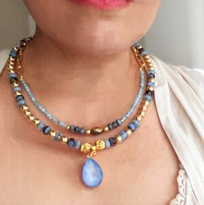 Light Blue Glass Beads In Two Strand Necklace